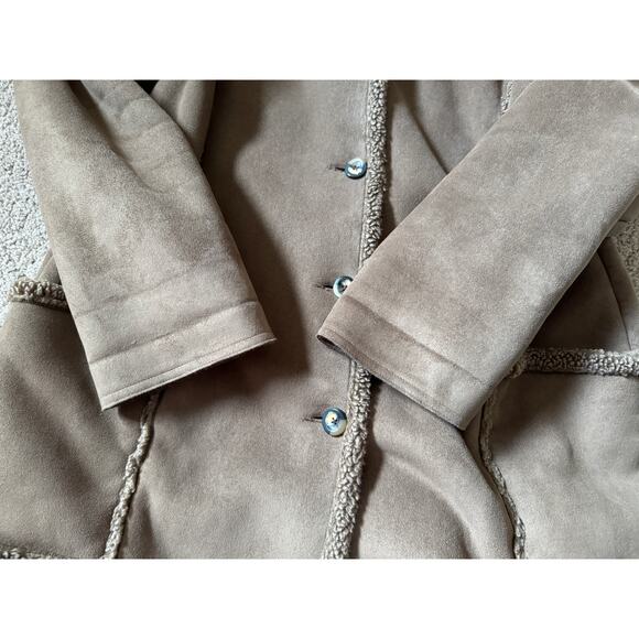 LL Bean Womens Faux Suede Sherpa Jacket Barn Chore Coat Brown Rancher Button - Picture 9 of 10